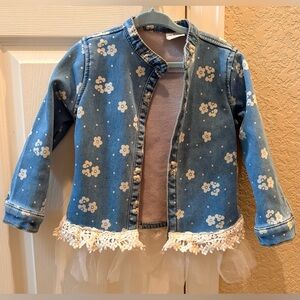 Girls' Blue Floral Denim Jacket with Lace & Tulle Trim